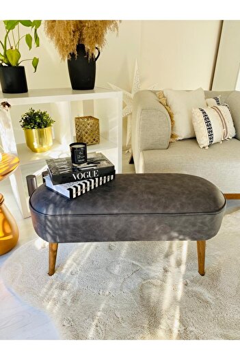 WEBPANYA Retro Ceviz Renk Ahşap Ayaklı Geniş Oturum Alanlı Oval Bench Puf Antrasit Nubuk Kumaş