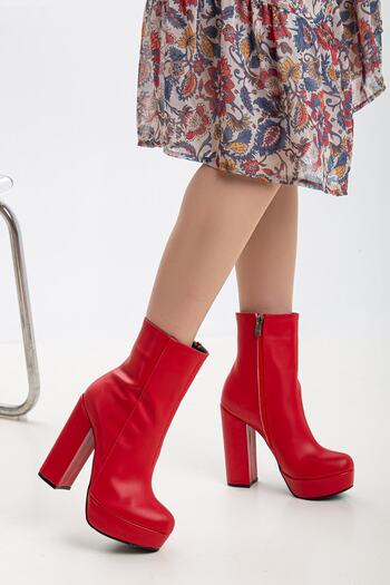 LİLLA Shoes Women's Platform Thick Heeled Faux Leather Red Boots