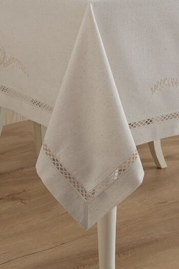 ÖDEL HOME Natural Buldan Fabric Elegant Embroidered Tablecloth with Lace