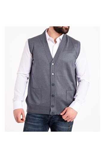 Fresh&Moda Ανδρικό γκρι λεπτό μάλλινο πλεκτό γιλέκο με τσέπες