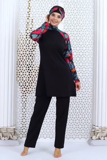 Aykum Mayo Long Sleeve Hijab Patterned Swimsuit (with Trousers)
