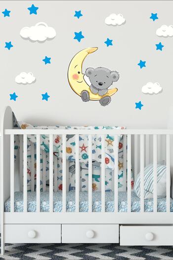 TUGİBU Gray Stars and Teddy Bear Baby Room Wall Sticker Set