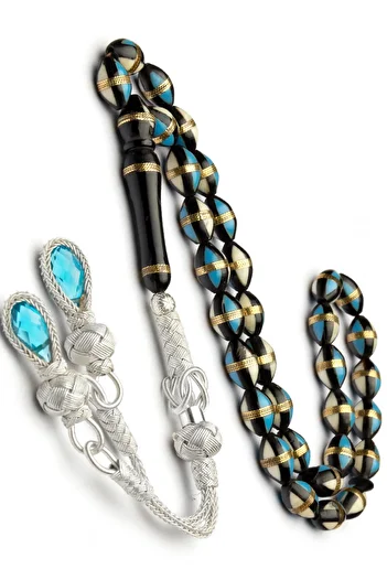 OTTOTESBİH Blue Enamel EmbroIdered 1000 SterlInG SIlver Kazaz Tasseled Kuka Rosary