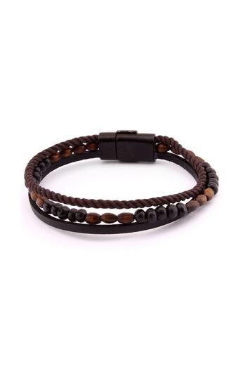 Tesbihane Straw Design Kuka Embroidered 3 Rows Black-brown Steel-leather Combination Men's Bracelet104000363