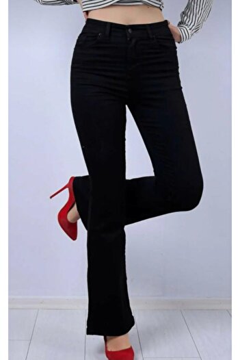 TugsatTasarTekstil Plus Size Spanish Paca Black High Waist Trousers
