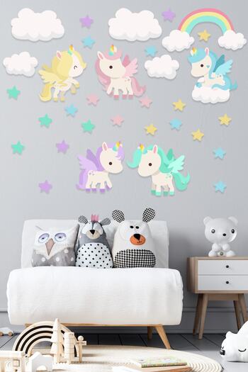 Tilki Dünyası Colorful Unicorns Rainbow Sun and Stars Kids Room Wall Sticker
