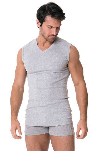 DOREA Men's Gray 3 Pieces 100% Cotton Melange Ribbed Sleeveless V-Neck Undershirt