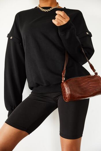 XHAN Women's Black Snap Detailed Sweatshirt 1KZK8-10775-02
