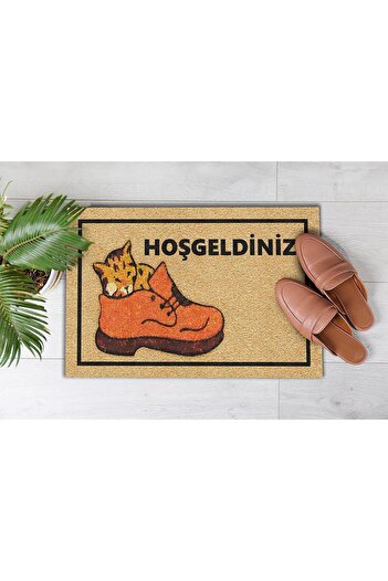 Evsebu Haoşgeldiniz Ayakkabı Kedi Dekoratif Kapı Önü Paspası