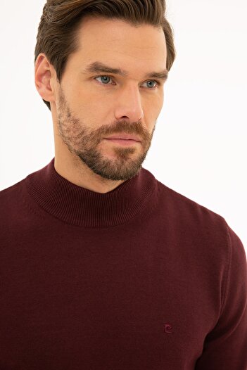 Pierre Cardin Men's Burgundy Slim Fit Half Turtleneck Basic Knitwear Sweater