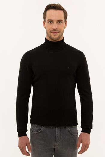 Pierre Cardin Ανδρικό Μαύρο Slim Fit Ολόκληροι Γιακάς Βασικό Πλεκτό Πουλόβερ