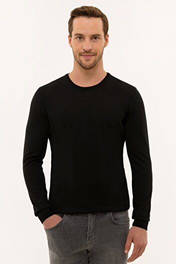 Pierre Cardin Men's Black Slim Fit Crew Neck Basic Knitwear Sweater