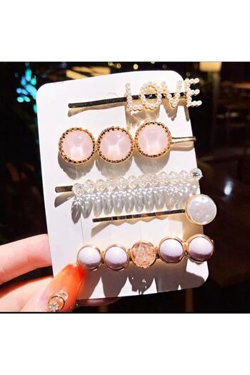 QUEEN AKSESUAR New Trend Fashion Luxury Pearl Pink Jewelled Love Side Buckle Set of 5 Adults and Children