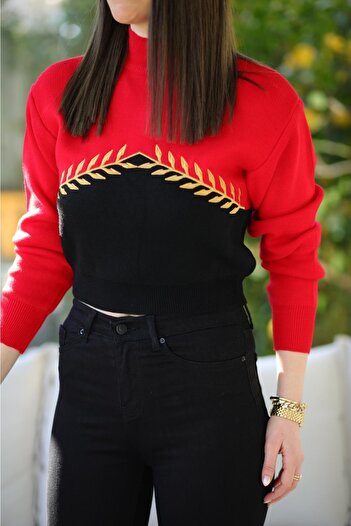 leilas Women's Half Turtleneck Red - Black Colored Embroidery Patterned Design Crop Sweater