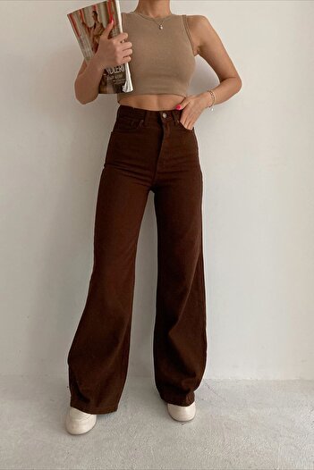 Trn JNS Super High Waist Brown Lycra Palazzo Jeans - Wide Leg