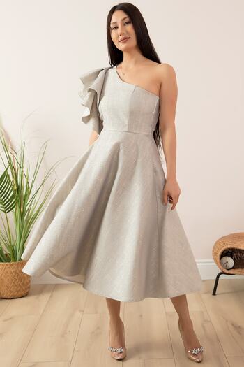 PULLIMM Glittered One Shoulder Flounce Detailed Dress 13408
