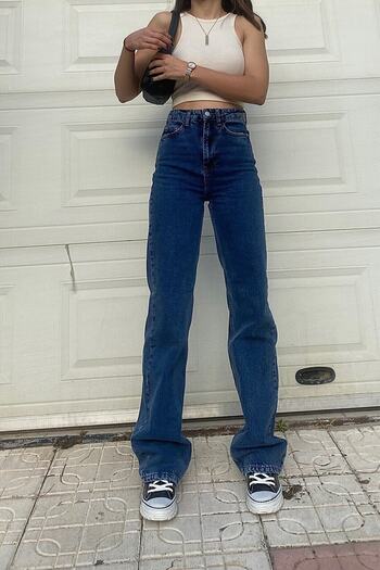 LİMABEL Power Lycra Gold Allstar Ikon Dark Blue Loose Jeans Super High Trousers Lycra Palazzo