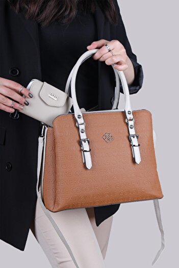 By Hakan Jn-1320 Embossed Wallet Combination Women's Hand and Shoulder Bag Brown