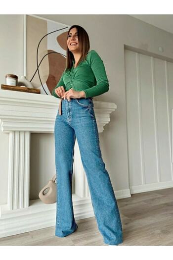 LİMABEL Power Lycra Gold Allstar Ikon Medium Snow Blue Loose Denim Trousers Blue Snow Lycra Palazzo
