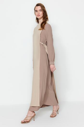 Trendyol Modest Brown Color Blocked Waist Tie Detailed Aerobin Woven Dress TCTSS23EB00106