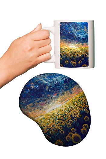 rakkun shop Слънчогледово поле Маслена боя Mouse Pad + Чаша Mug