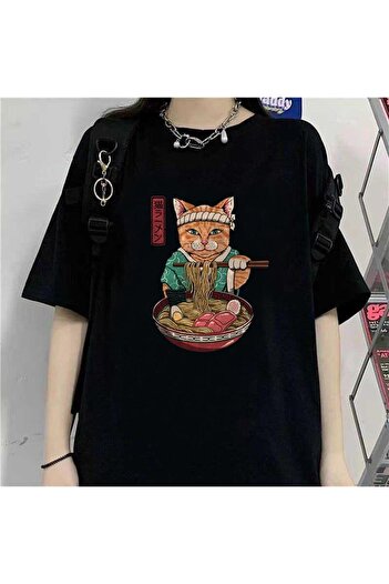 Touz Black Unisex Oversize Daily Samurai Cat Spaghetti T-shirt