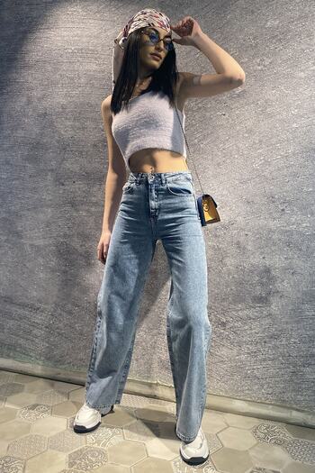 Trn JNS Delpotro Lycra Women's Blue Medium Snow Super High Waist Loose Leg Denim Jeans Loose Trousers