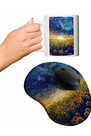 rakkun shop Слънчогледово поле Маслена боя Mouse Pad + Чаша Mug