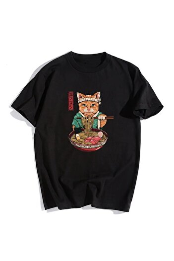 Touz Black Unisex Oversize Daily Samurai Cat Spaghetti T-shirt