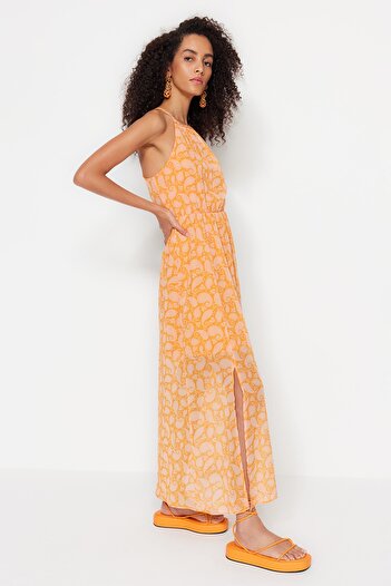 Trendyol Collection Πορτοκαλί A-Line Maxi υφαντό φόρεμα με σκίσιμο με λουλουδάτο σχέδιο TWOSS20EL1297