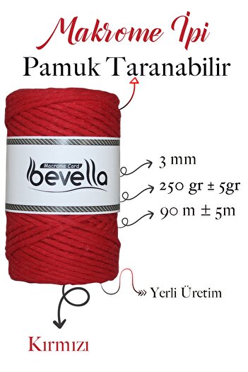 Bevella Macrame Cord Scalloped Macrame Thread 3mm Scalloped Cotton Single Twist Macrame Thread Red