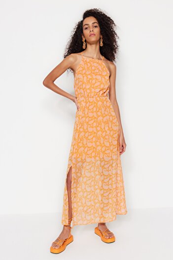 Trendyol Collection Πορτοκαλί A-Line Maxi υφαντό φόρεμα με σκίσιμο με λουλουδάτο σχέδιο TWOSS20EL1297