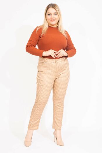 Şans Women's Beige Large Size Houndstooth Patterned Lycra 5 Pocket Trousers 65n35580