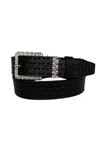 GoDeri 100% Genuine Leather, Silver Buckle, Black Patterned Women's Jeans Belt with Metal Bridge 4 Cm=an-byn-62