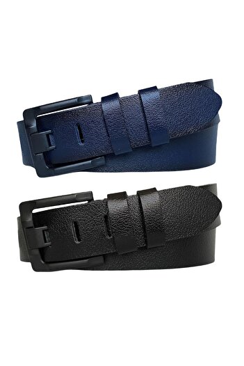 GoDeri 100% Genuine Leather Set of 2 Wide Tongue Black, Navy Blue 4.5 cm Jeans, Sports Belt, Old Black Buckle