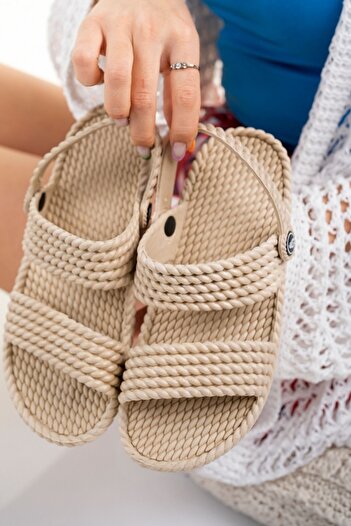 Modafırsat Women's Beige Straw Weave Sandals Slippers Washable Non-Slip Massage Sole Sea Beach Daily Sandals
