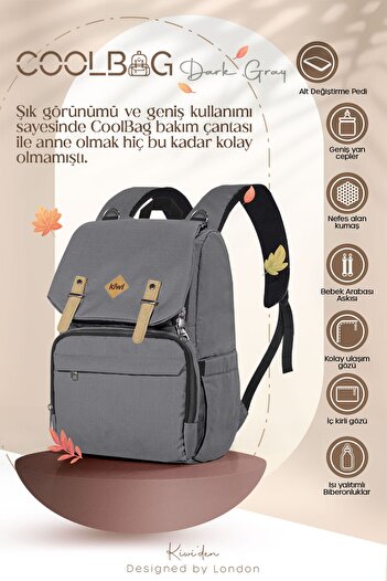 Kiwi Coolbag Baby Care Bag - Thermal Compartment, Waterproof, Pad - Anthracite