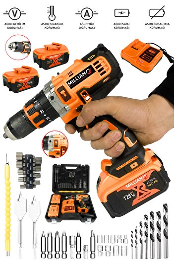 Millian 128 V 10 Ah Bakır Sargılı Darbeli Şarjlı Matkap Çift Akülü Metal Şanzıman Vidalama 39 Parça Setli