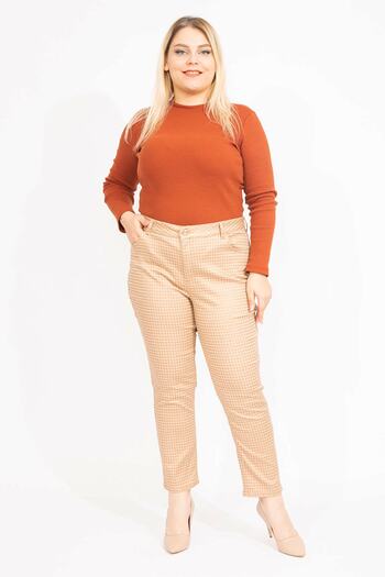 Şans Women's Beige Large Size Houndstooth Patterned Lycra 5 Pocket Trousers 65n35580