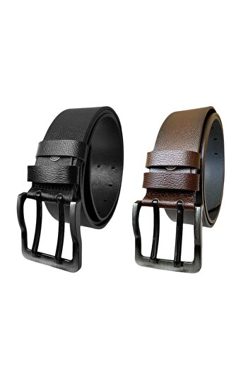 GoDeri %100 Hakiki Deri, Çift Dilli 2'li Set 4.5 Cm Tek Parça Kot Kemeri Siyah, Koyu Kahverengi=2.li-çift
