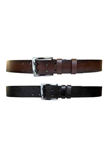 GoDeri %100 Hakiki Deri, Çift Dilli 2'li Set 4.5 Cm Tek Parça Kot Kemeri Siyah, Koyu Kahverengi=2.li-çift