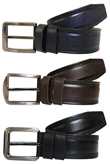 GoDeri Genuine Leather 3-Piece Patterned Super Set 4 Cm Belt = 3-Piece 52-58-59