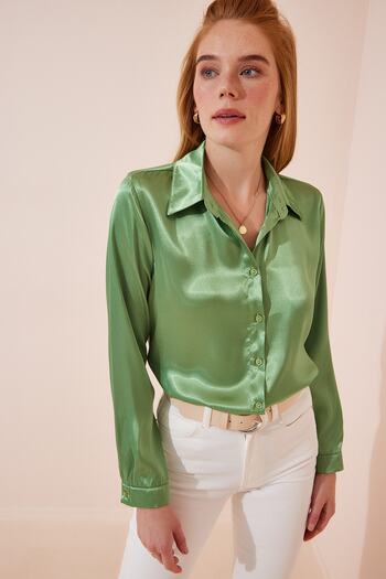 Happiness İstanbul Γυναικείο πουκάμισο Peanut Green Light Flowy Satin Surface DD00990