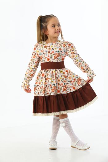 Moda Lippa Кафява рокля за момиче с флорални мотиви