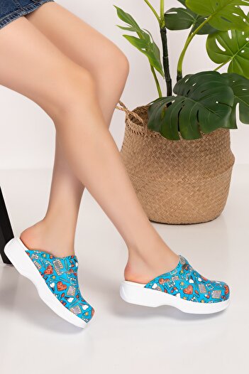 Nur Ortopedi Blue Heart Rhythm Patterned Classic Model Orthopedic Slippers Sabo 213