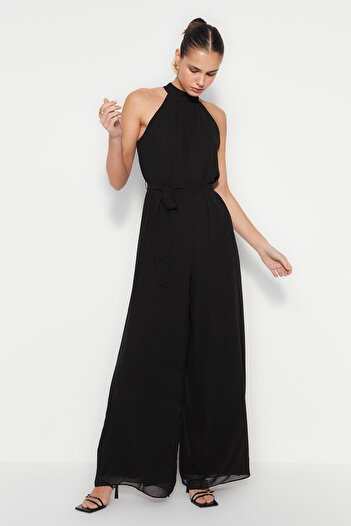 Trendyol Collection Tkaná kombinéza s černým páskem Maxi šifonem TWOSS23TU00093