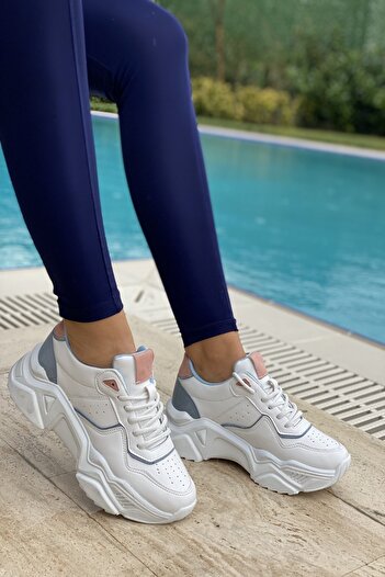 İnan Ayakkabı White Blue Powder Women's Sneakers - Casual Sports Shoes, 5 cm Sole