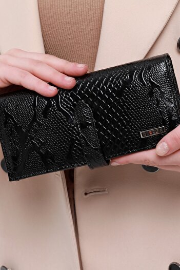 DERKON Crocodile Patterned Genuine Leather Black Women's Wallet