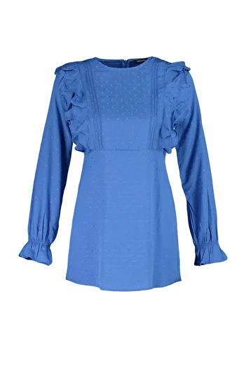 Trendyol Modest Kék fodros pompon szövet pamut tunika TCTSS23UK00025