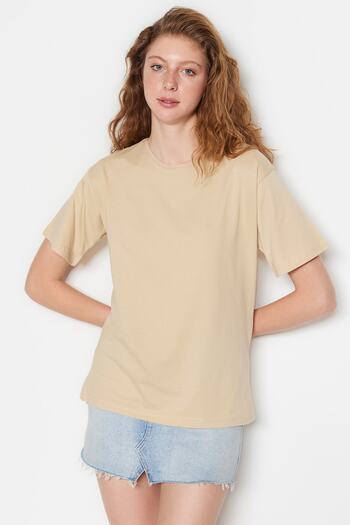 Trendyol Collection Μπλουζάκι μπεζ Crew Neck 100% Cotton Oversize - TWOSS20TS0134